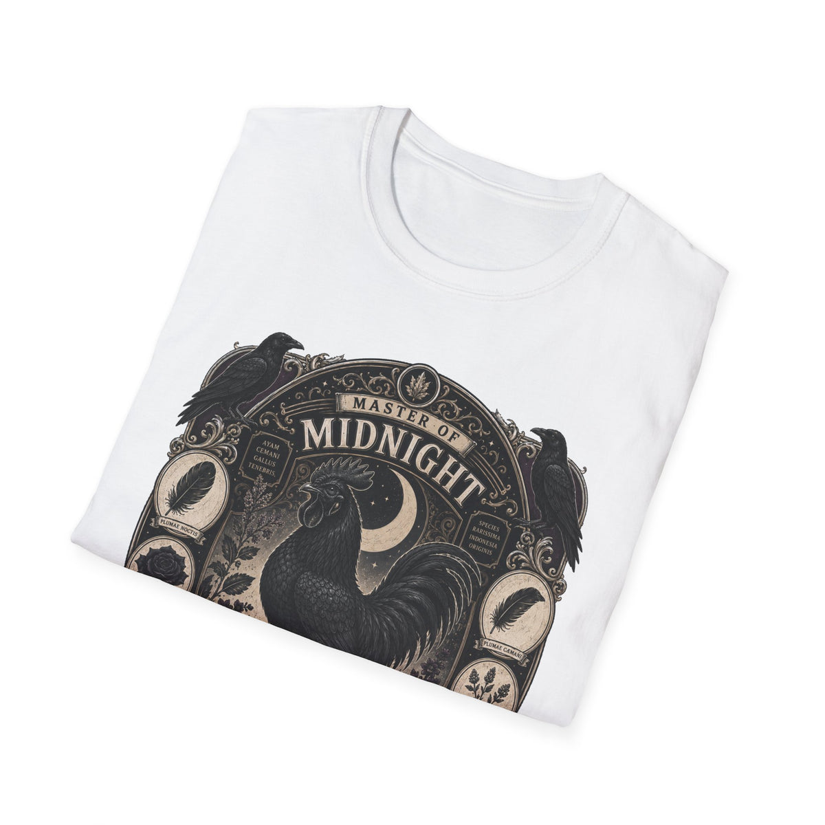 Master of Midnight Feathers Ayam Cemani T-Shirt — Gothic Rooster Graphic Tee