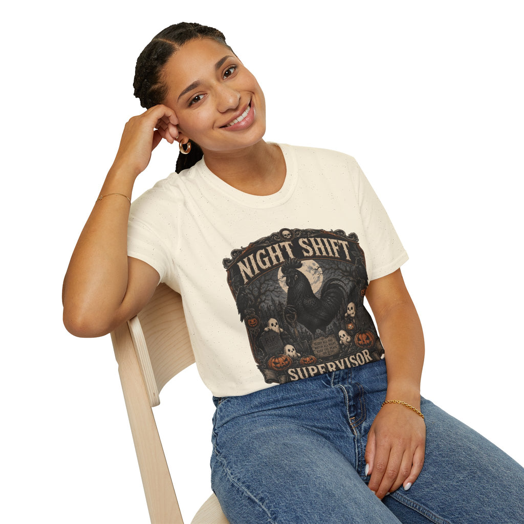 Night Shift Supervisor Ayam Cemani T-Shirt — Graveyard Rooster Graphic Tee