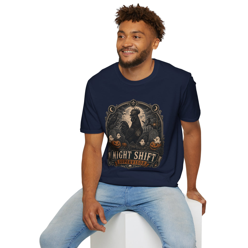 Night Shift Supervisor Ayam Cemani T-Shirt — Caretaker Rooster Graphic Tee