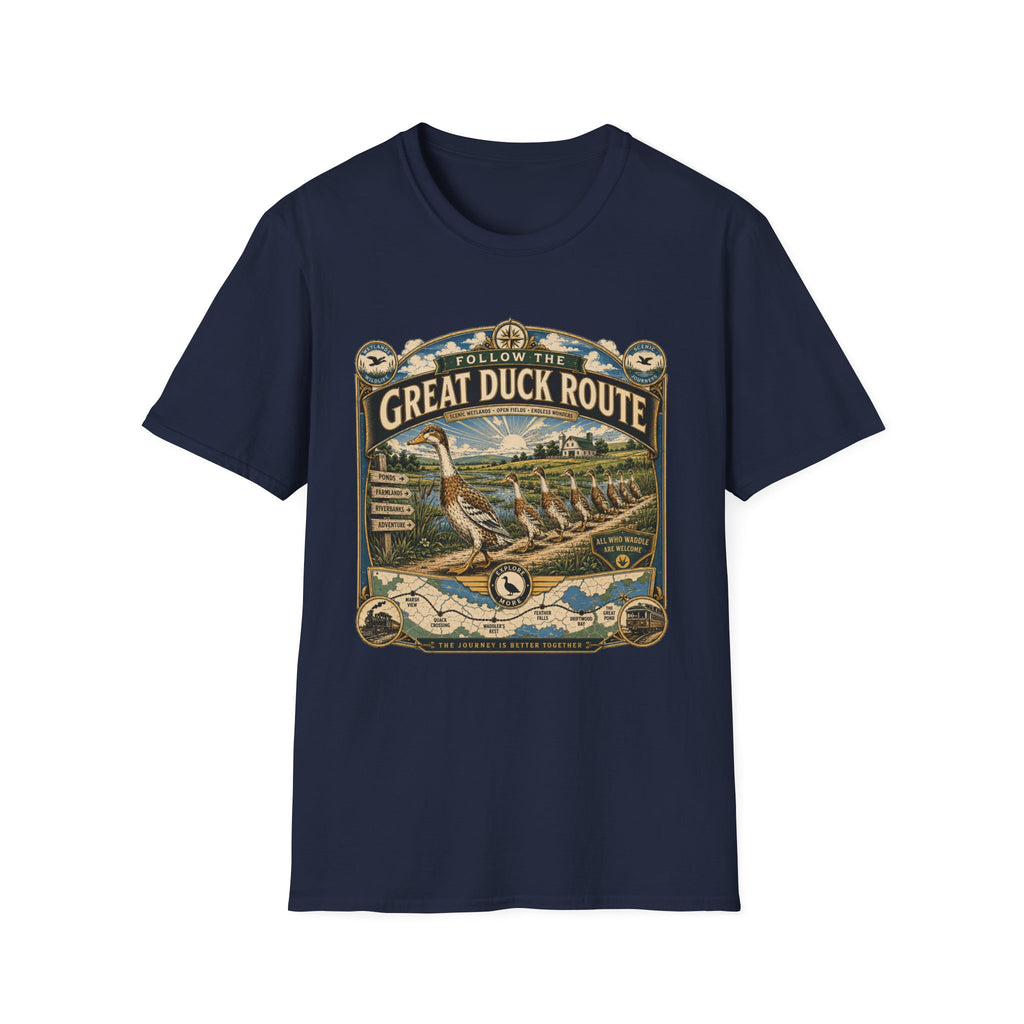 Follow the Great Duck Route T-Shirt — All Who Waddle Are Welcome Tee