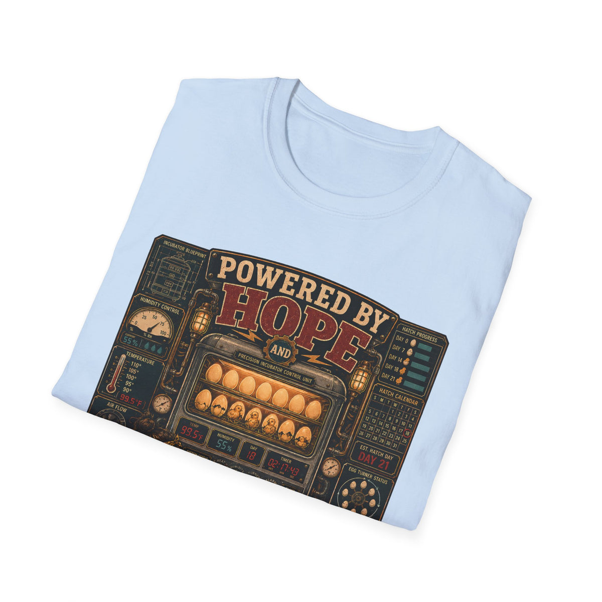 Powered by Hope and Patience T-Shirt — Funny Incubator Homestead Tee