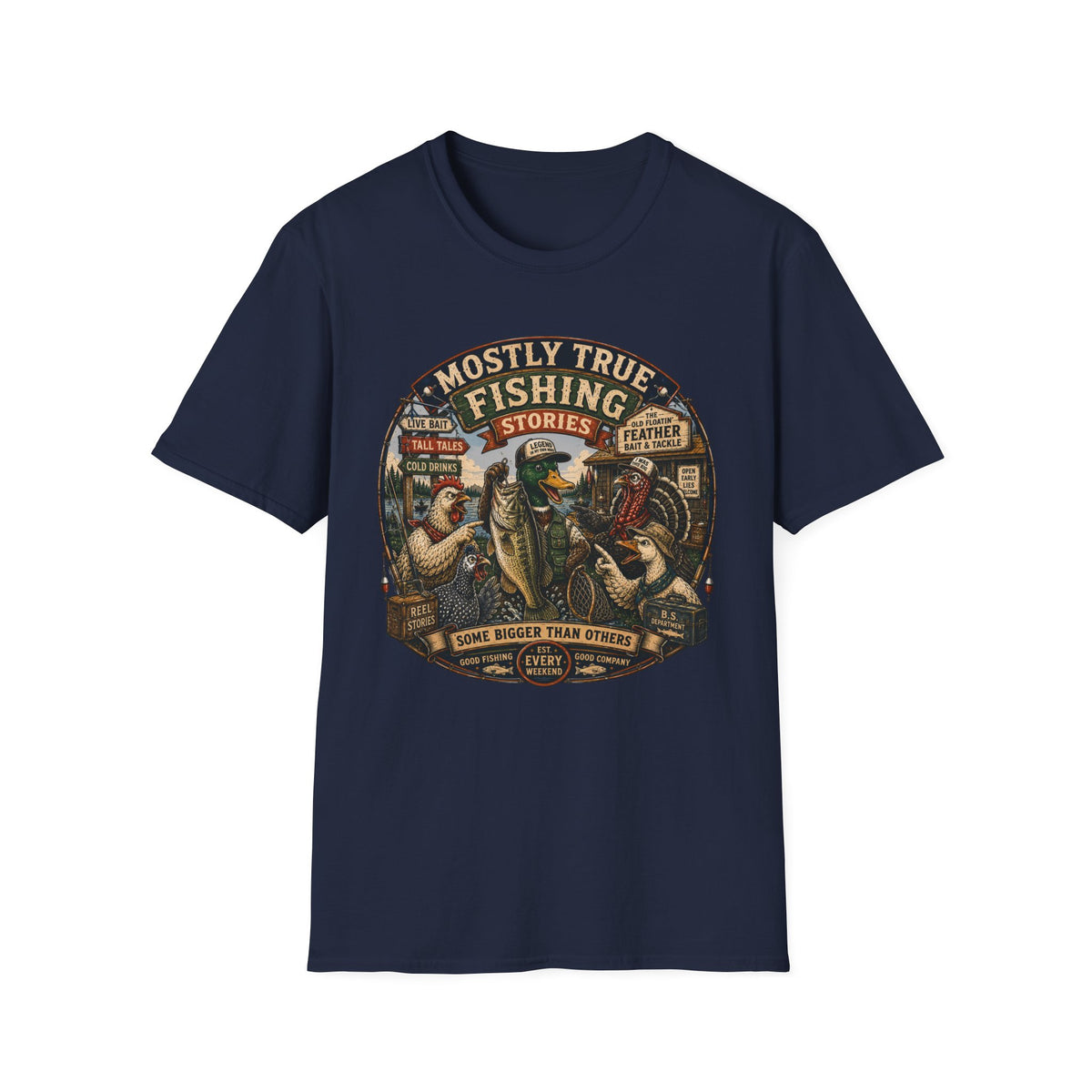 Fishing T-Shirt — "Mostly True Fishing Stories" Vintage Outdoor Tee
