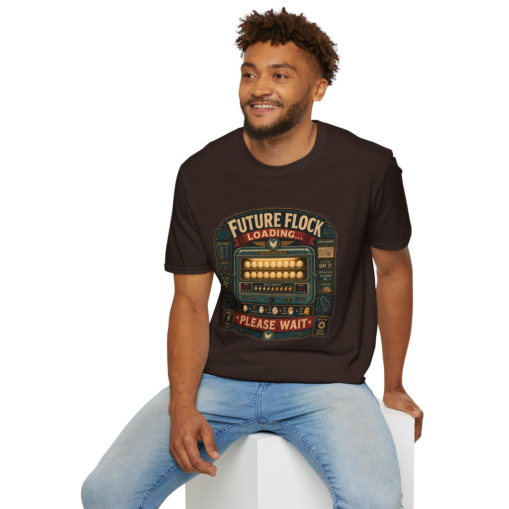 Future Flock Loading Please Wait T-Shirt — Funny Incubator Control Panel Tee