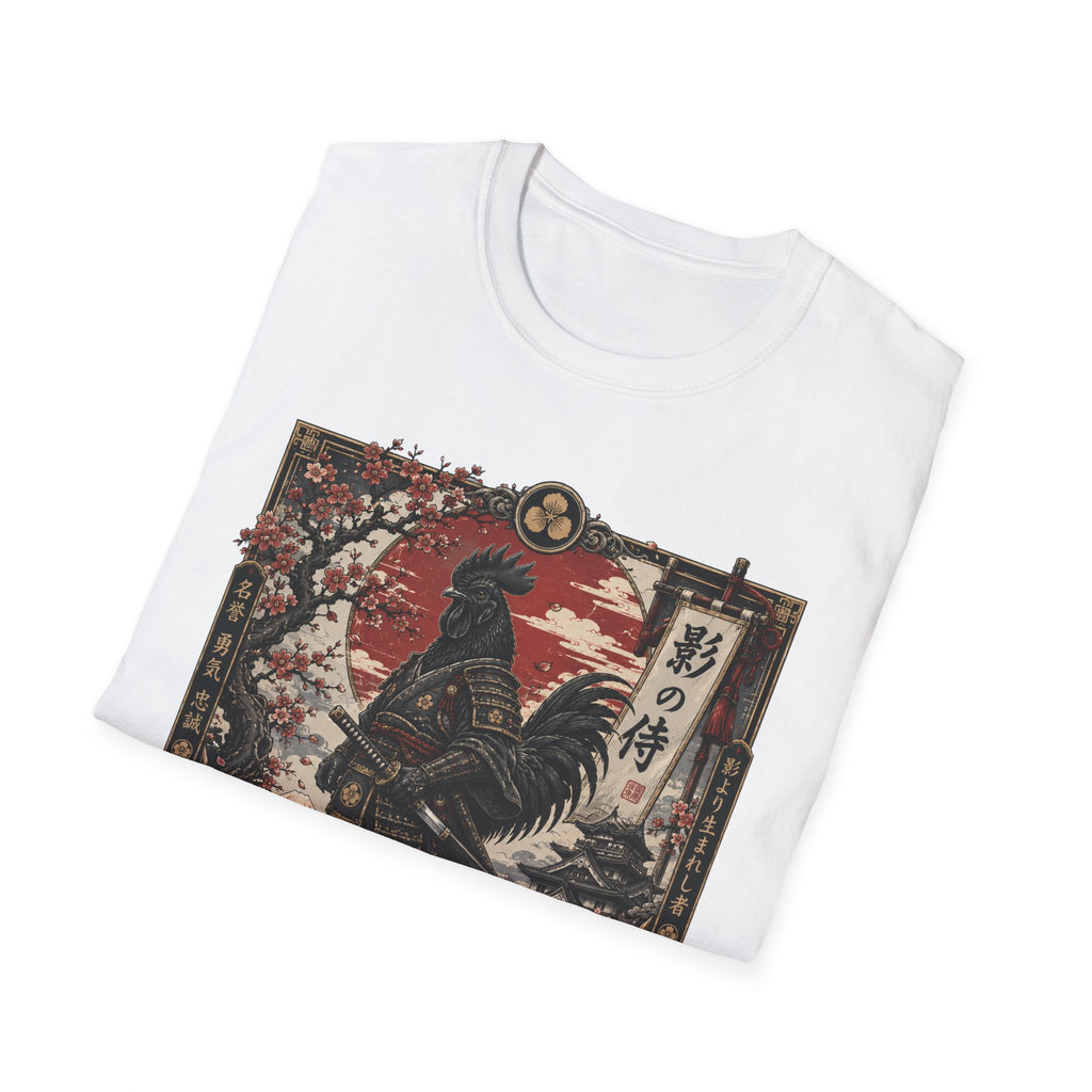 Shadow Samurai Ayam Cemani T-Shirt — Sunset Blossom Warrior Rooster Tee