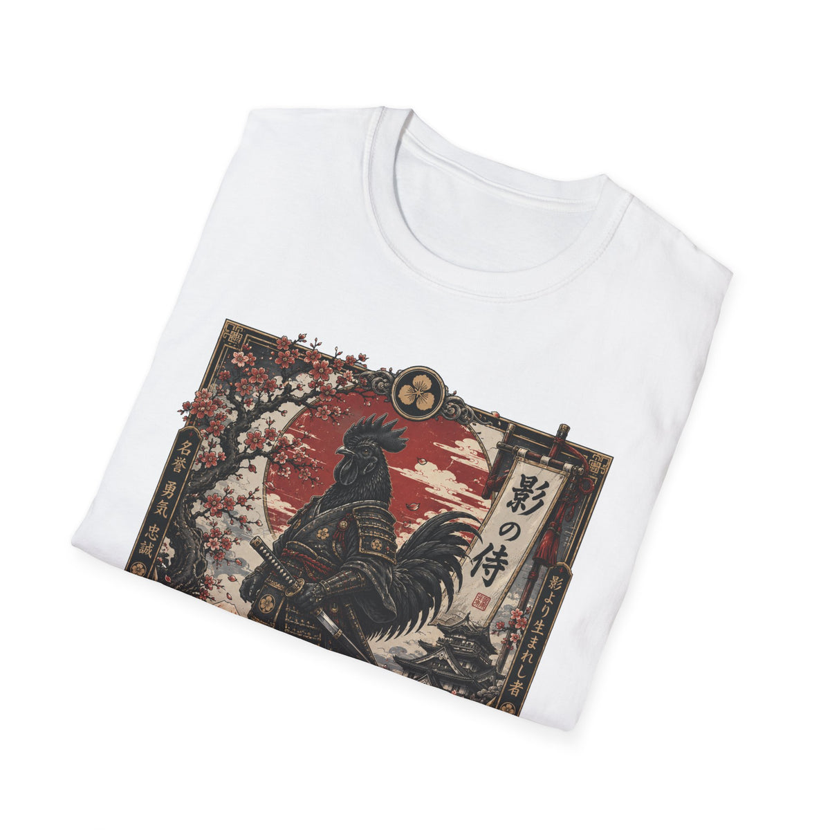 Shadow Samurai Ayam Cemani T-Shirt — Sunset Blossom Warrior Rooster Tee