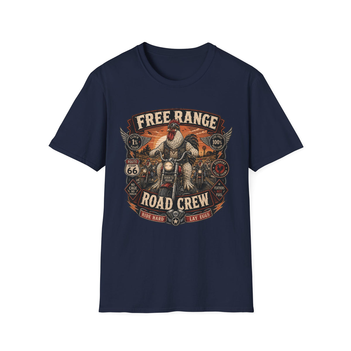 Free Range Road Crew Brahma T-Shirt — Biker Rooster Graphic Tee