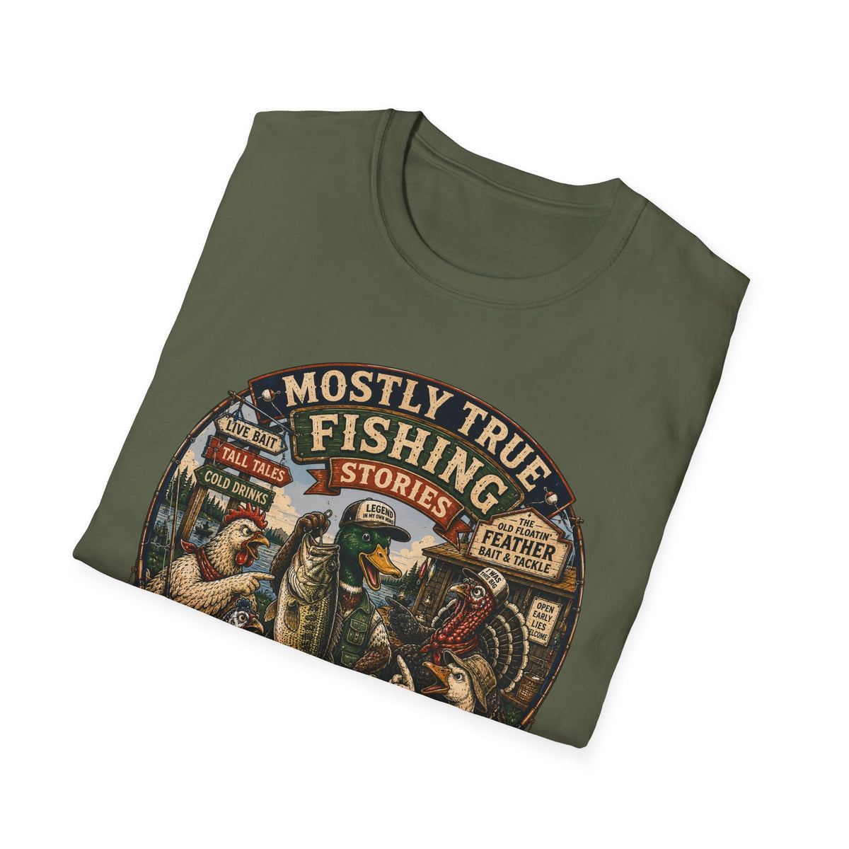 Fishing T-Shirt — "Mostly True Fishing Stories" Vintage Outdoor Tee