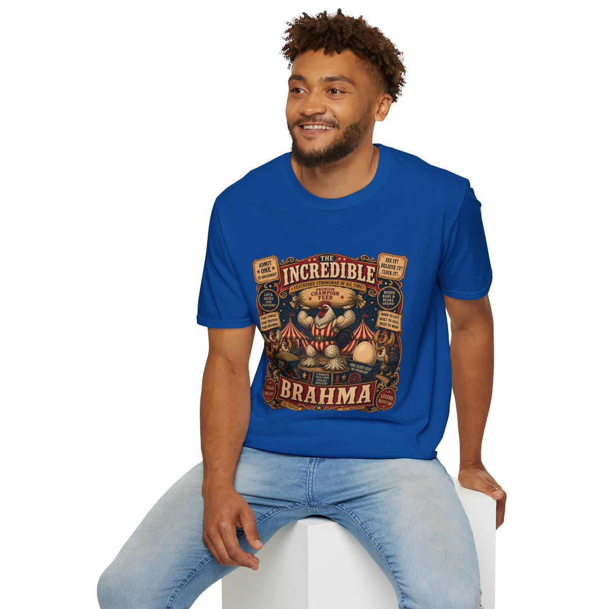 Incredible Feathered Strongman Brahma T-Shirt — Circus Poster Rooster Tee