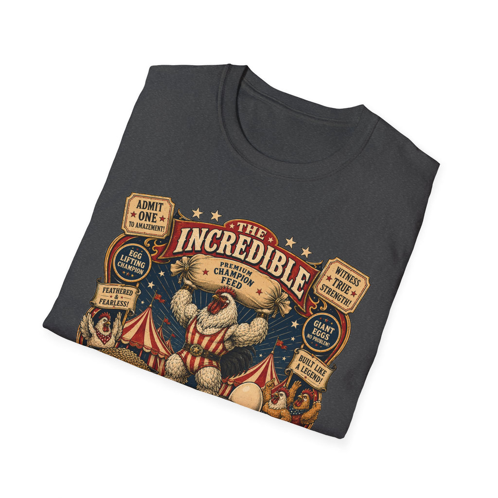Incredible Feathered Strongman Brahma T-Shirt — Vintage Poster Rooster Tee