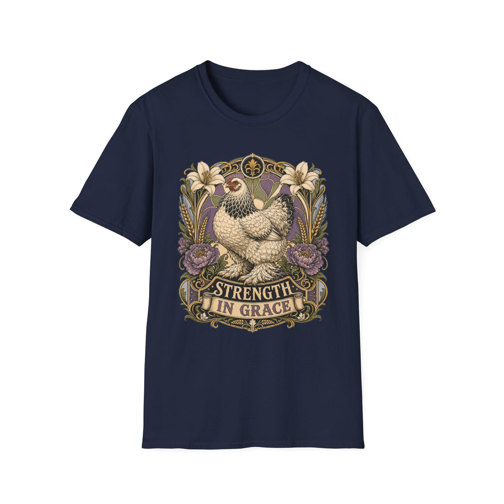 Strength in Grace Brahma Hen T-Shirt — Botanical Rooster Art Tee