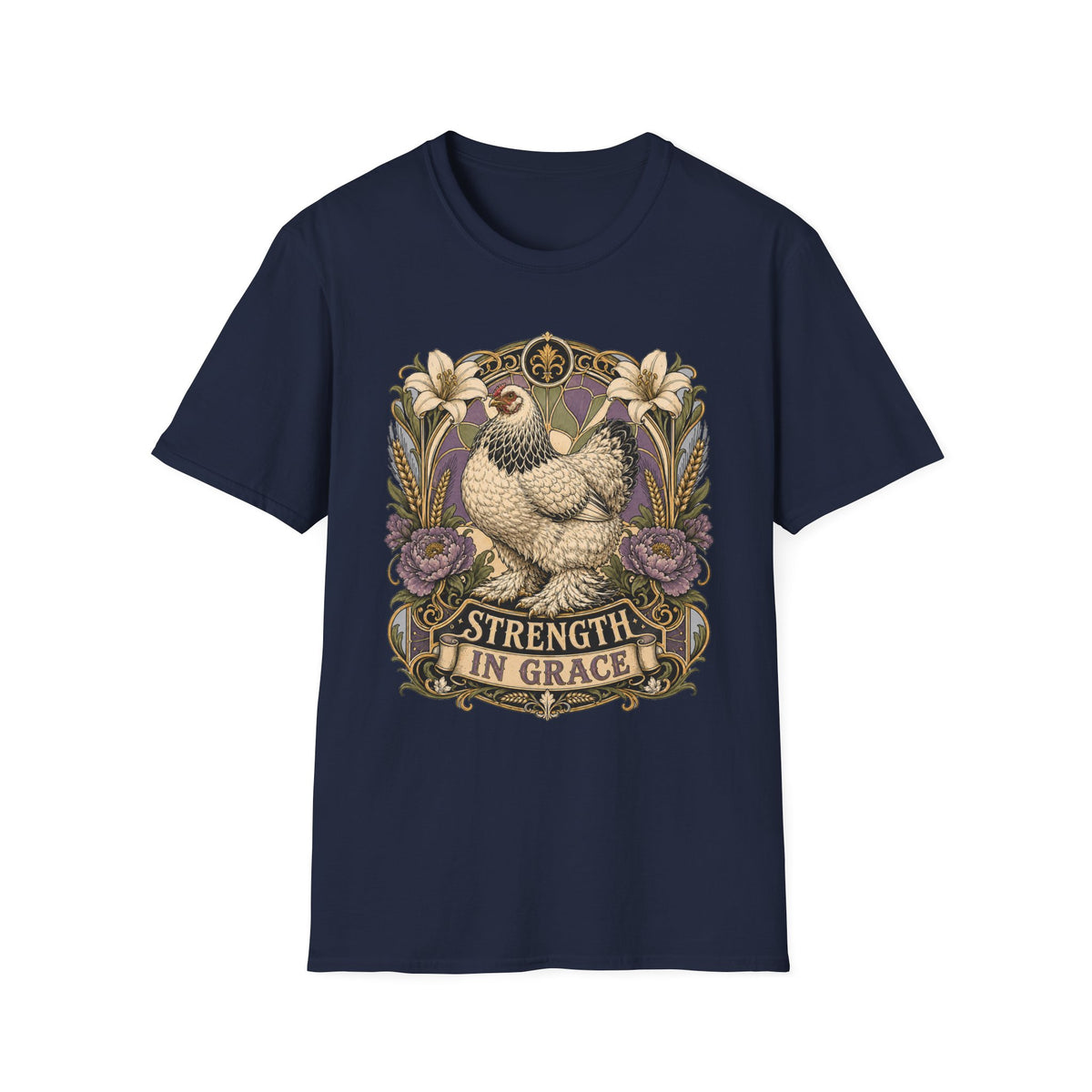 Strength in Grace Brahma Hen T-Shirt — Botanical Rooster Art Tee