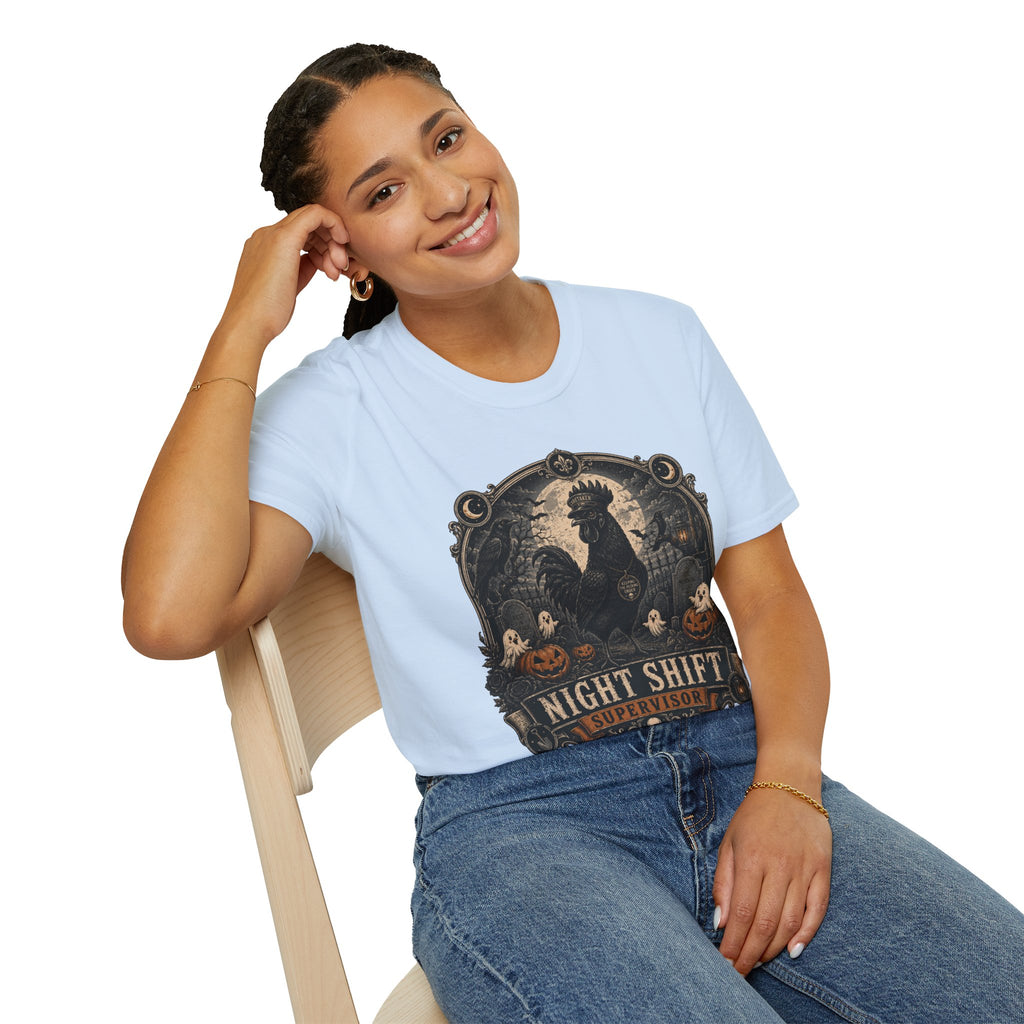 Night Shift Supervisor Ayam Cemani T-Shirt — Caretaker Rooster Graphic Tee