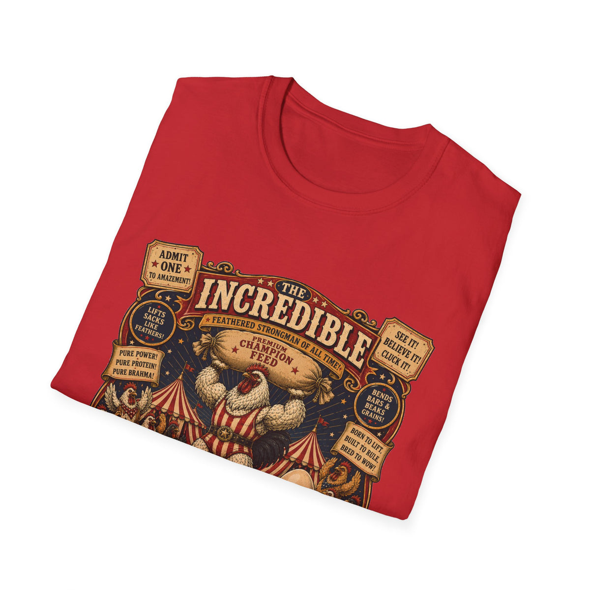 Incredible Feathered Strongman Brahma T-Shirt — Circus Poster Rooster Tee