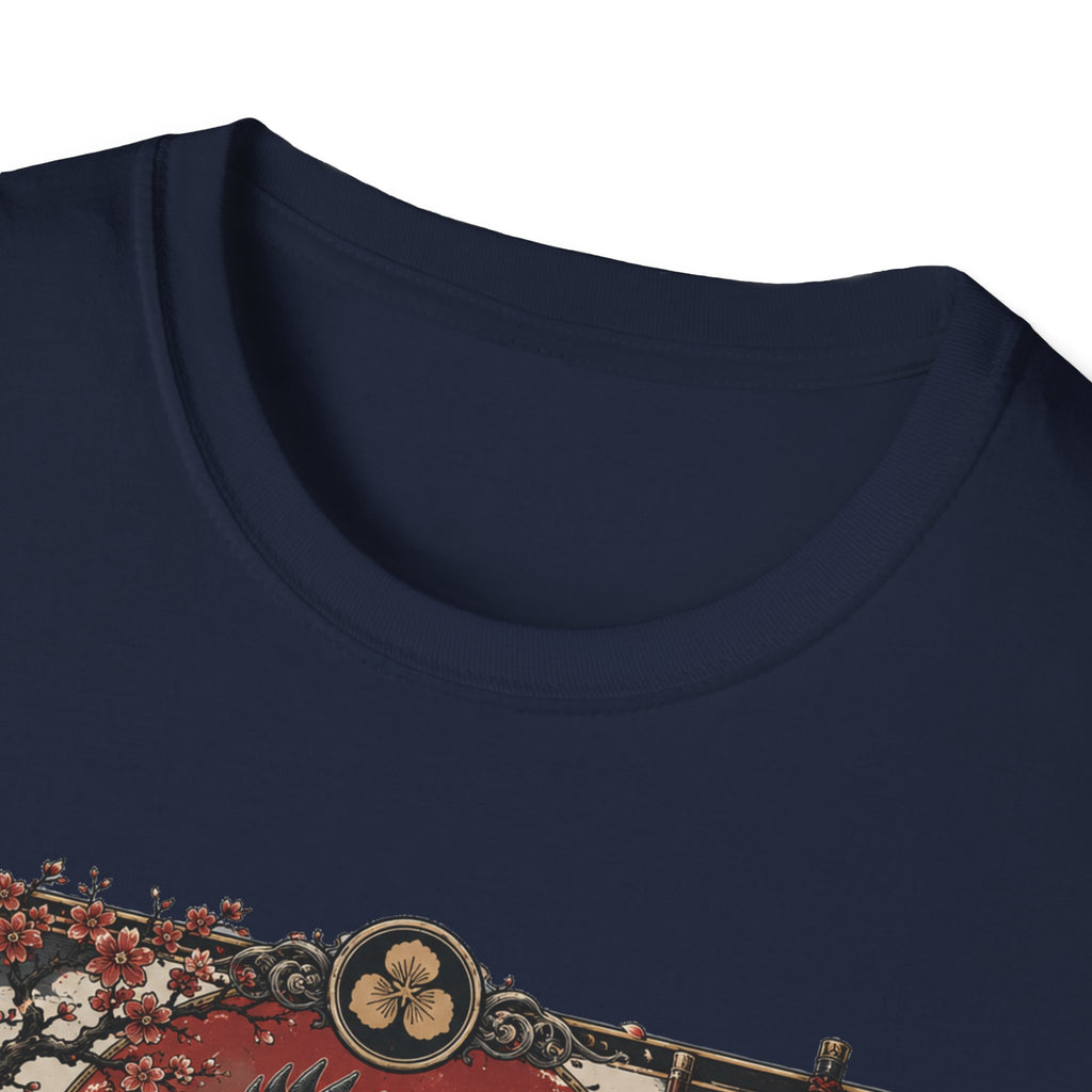Shadow Samurai Ayam Cemani T-Shirt — Sunset Blossom Warrior Rooster Tee