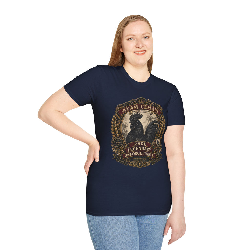 Ayam Cemani Heritage Badge T-Shirt — Rare All-Black Rooster Graphic Tee