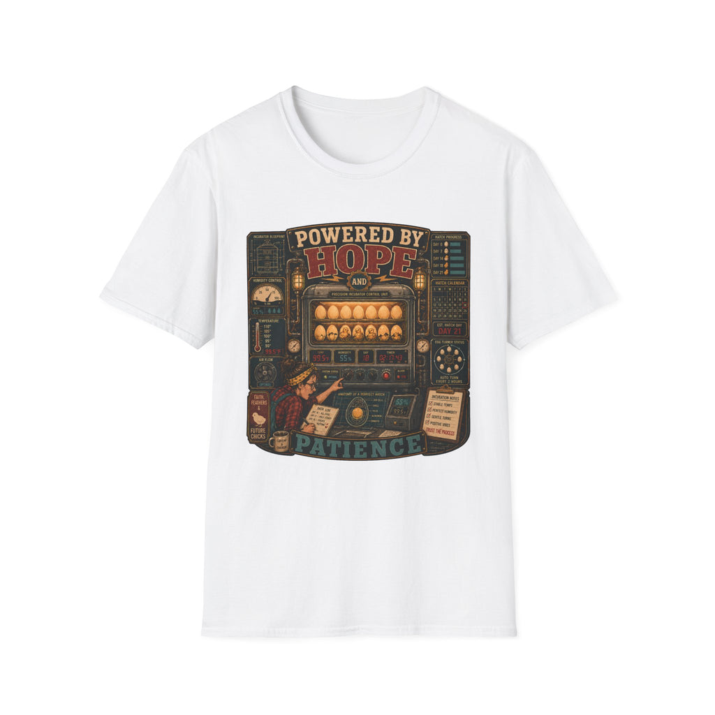 Powered by Hope and Patience T-Shirt — Funny Incubator Homestead Tee