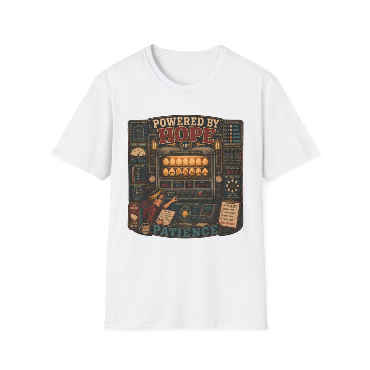 Powered by Hope and Patience T-Shirt — Funny Incubator Homestead Tee