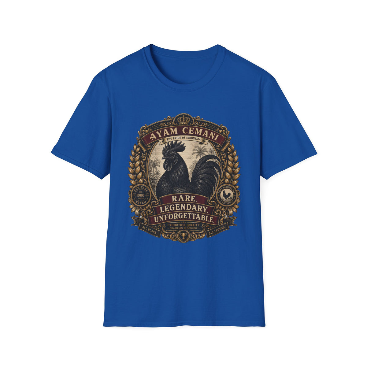 Ayam Cemani Heritage Badge T-Shirt — Rare All-Black Rooster Graphic Tee