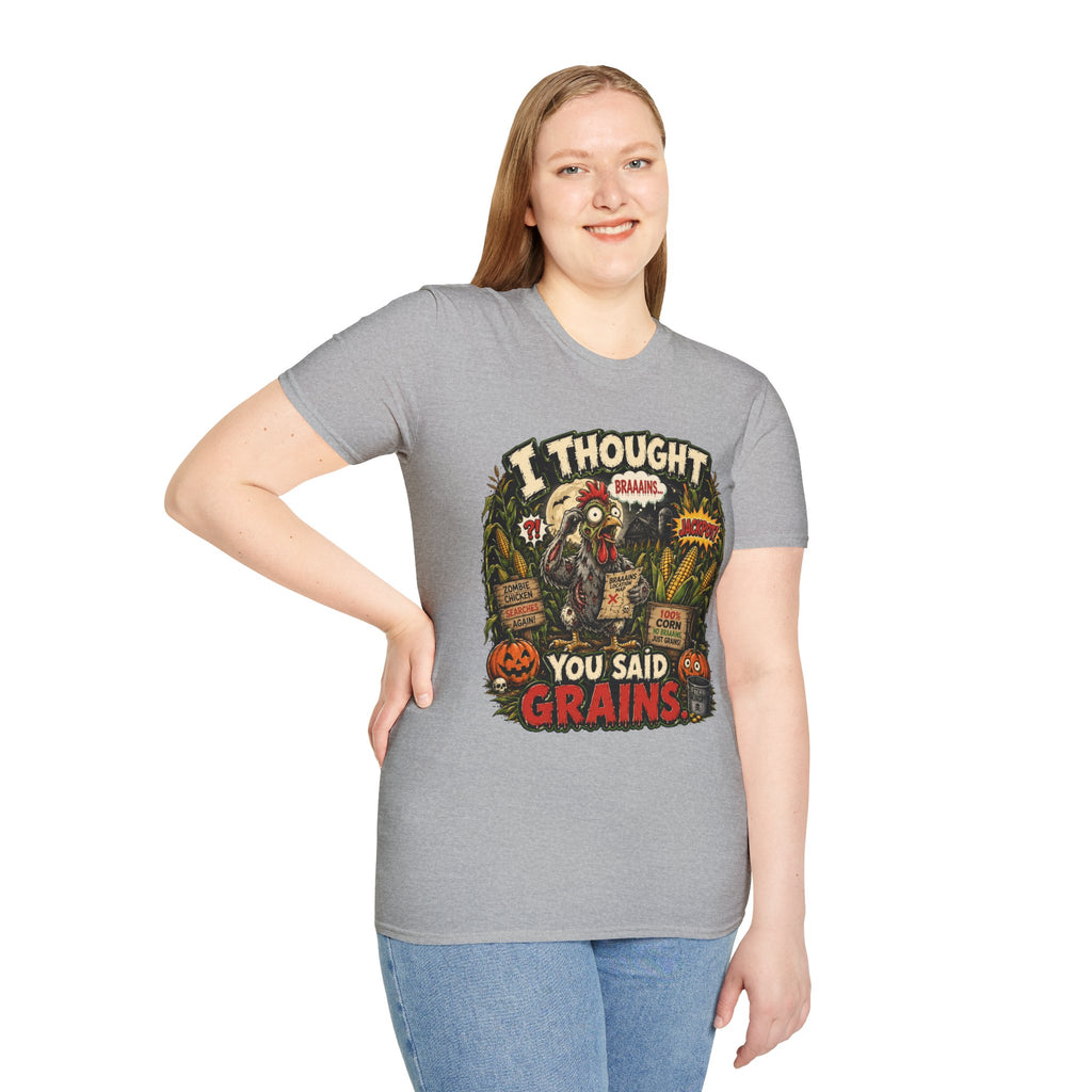 Zombie Chicken's Cornfield Jackpot T-Shirt — "I thought you said GRAINS" Funny Tee