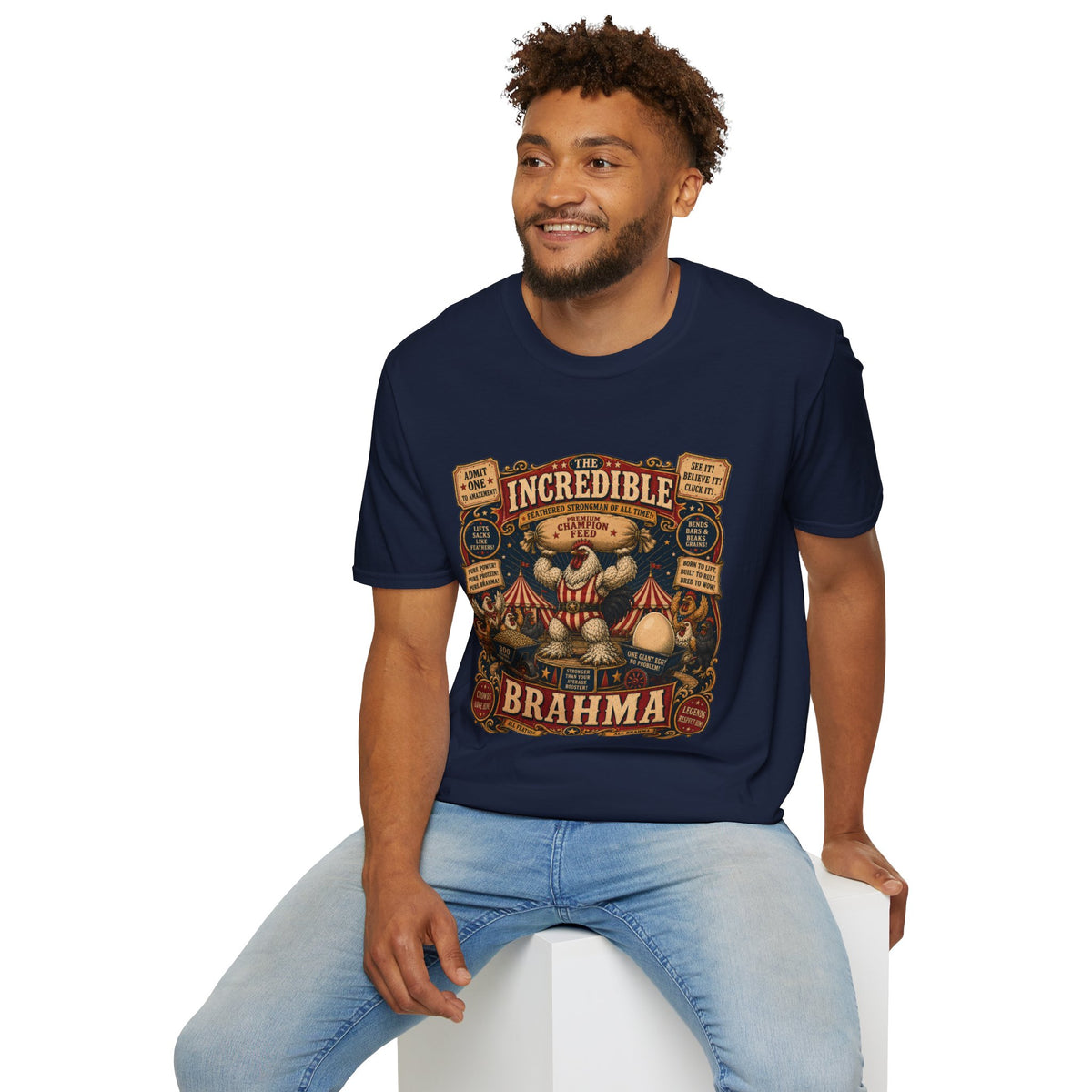 Incredible Feathered Strongman Brahma T-Shirt — Circus Poster Rooster Tee