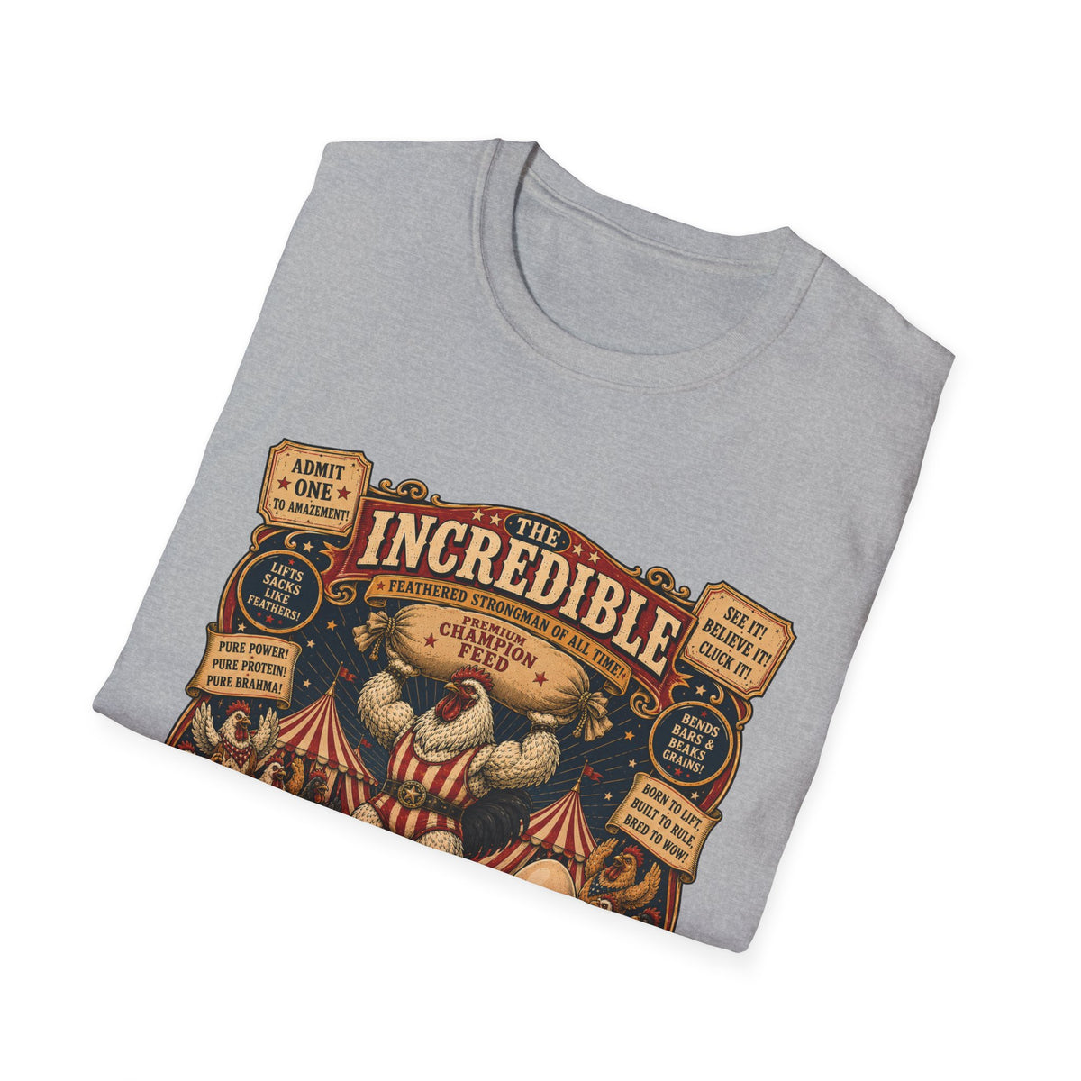 Incredible Feathered Strongman Brahma T-Shirt — Circus Poster Rooster Tee