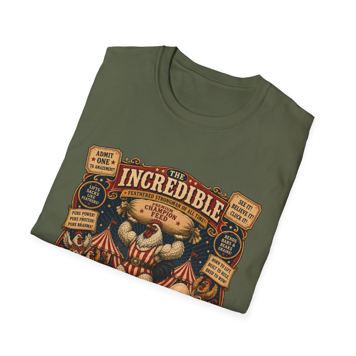 Incredible Feathered Strongman Brahma T-Shirt — Circus Poster Rooster Tee