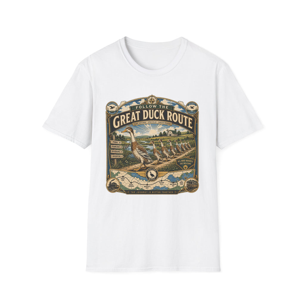 Follow the Great Duck Route T-Shirt — All Who Waddle Are Welcome Tee