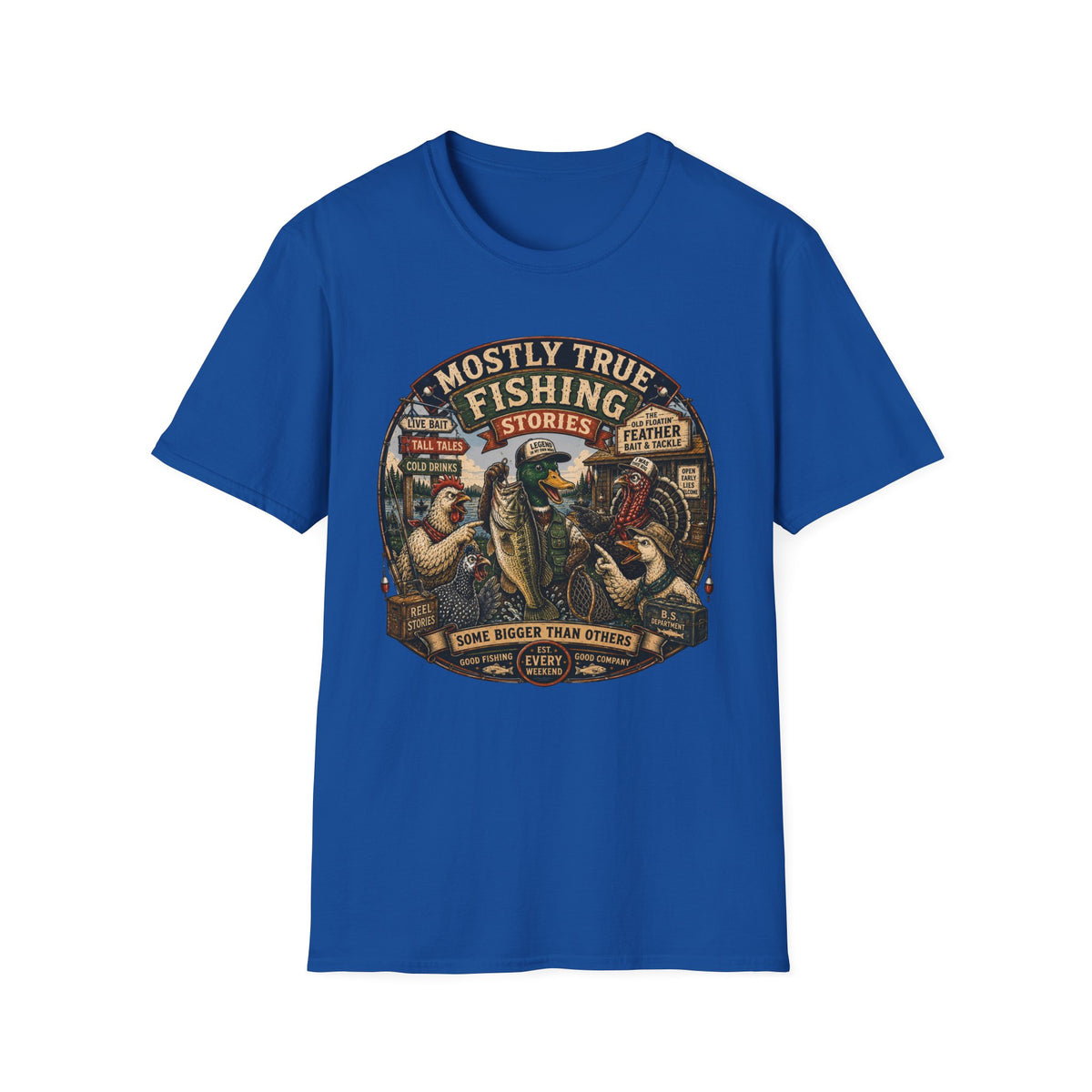 Fishing T-Shirt — "Mostly True Fishing Stories" Vintage Outdoor Tee