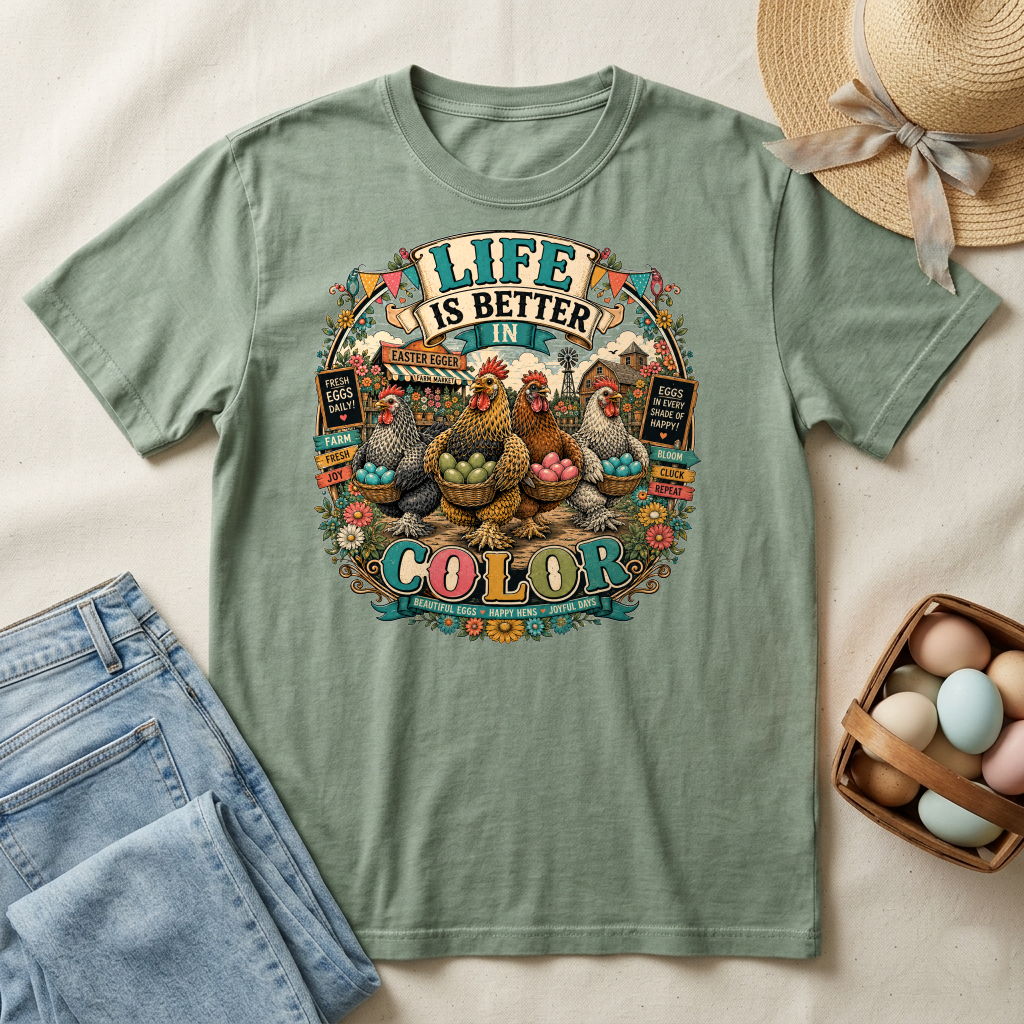 Colorful Farm Festival Easter Egger T-shirt by FeatherPunk