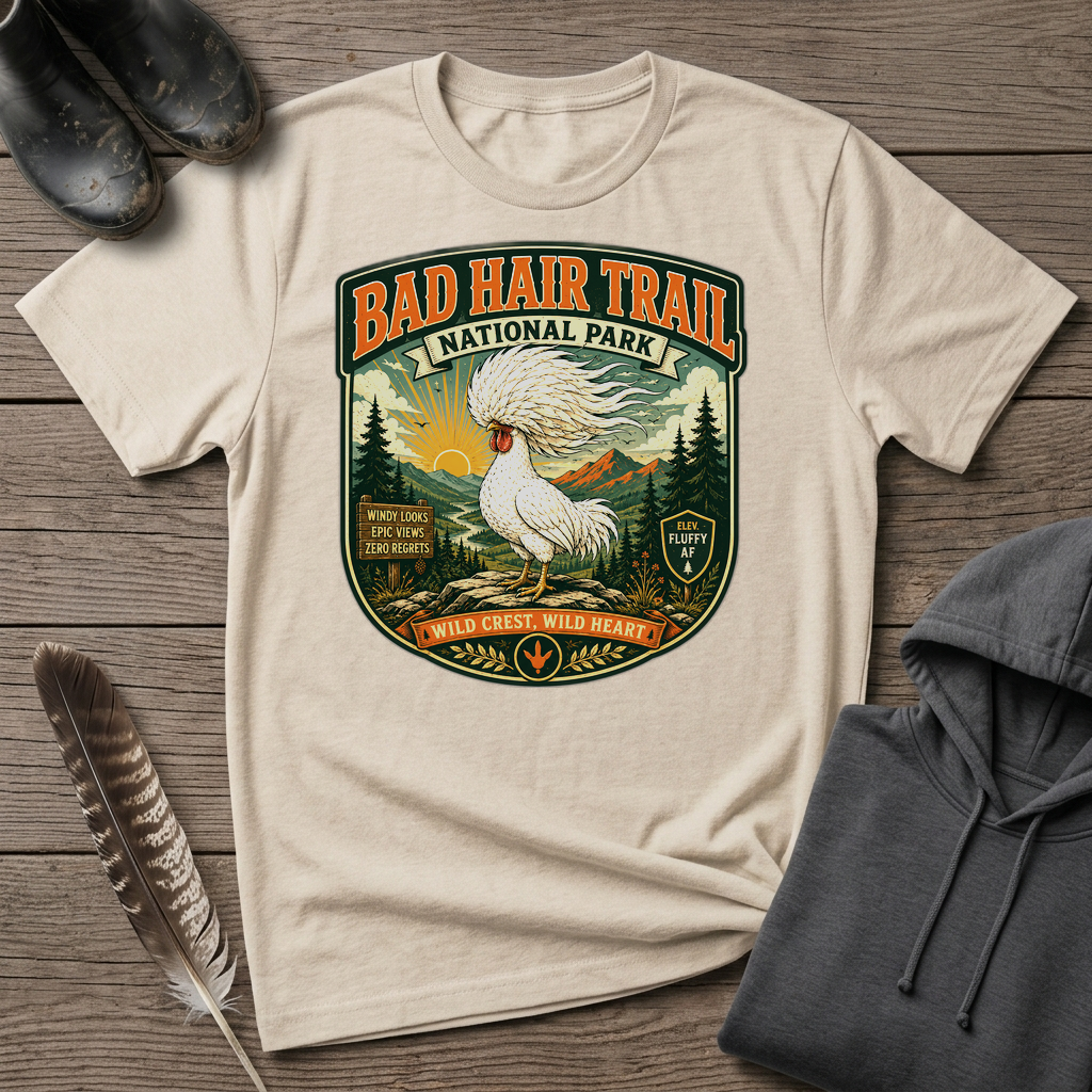 Bad Hair Trail Adventure Badge Polish Chicken T-shirt by FeatherPunk