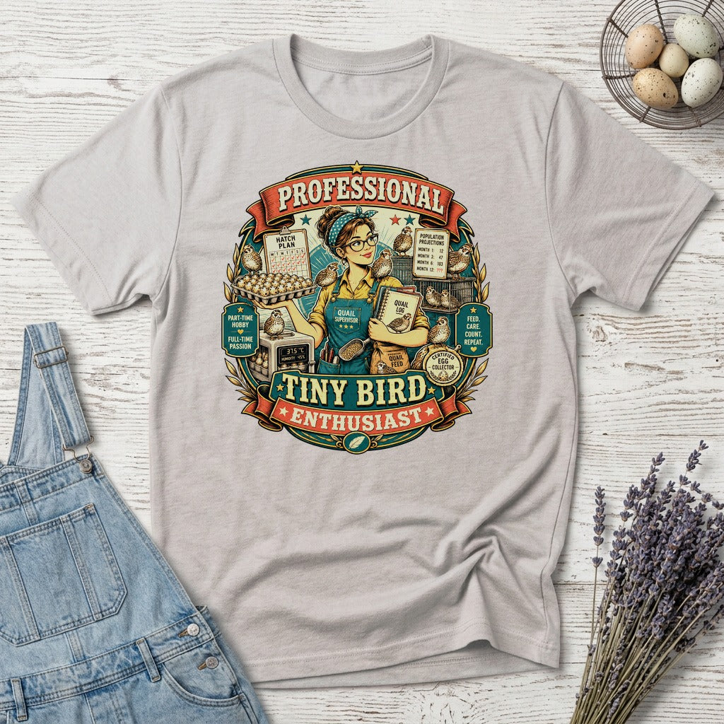 Tiny Bird Enthusiast Badge Quail T-shirt by FeatherPunk