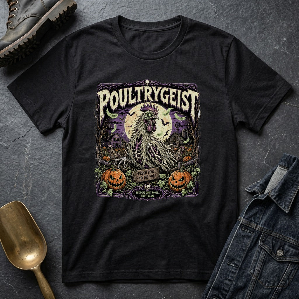 Poultrygeist Zombie Chicken T-shirt by FeatherPunk
