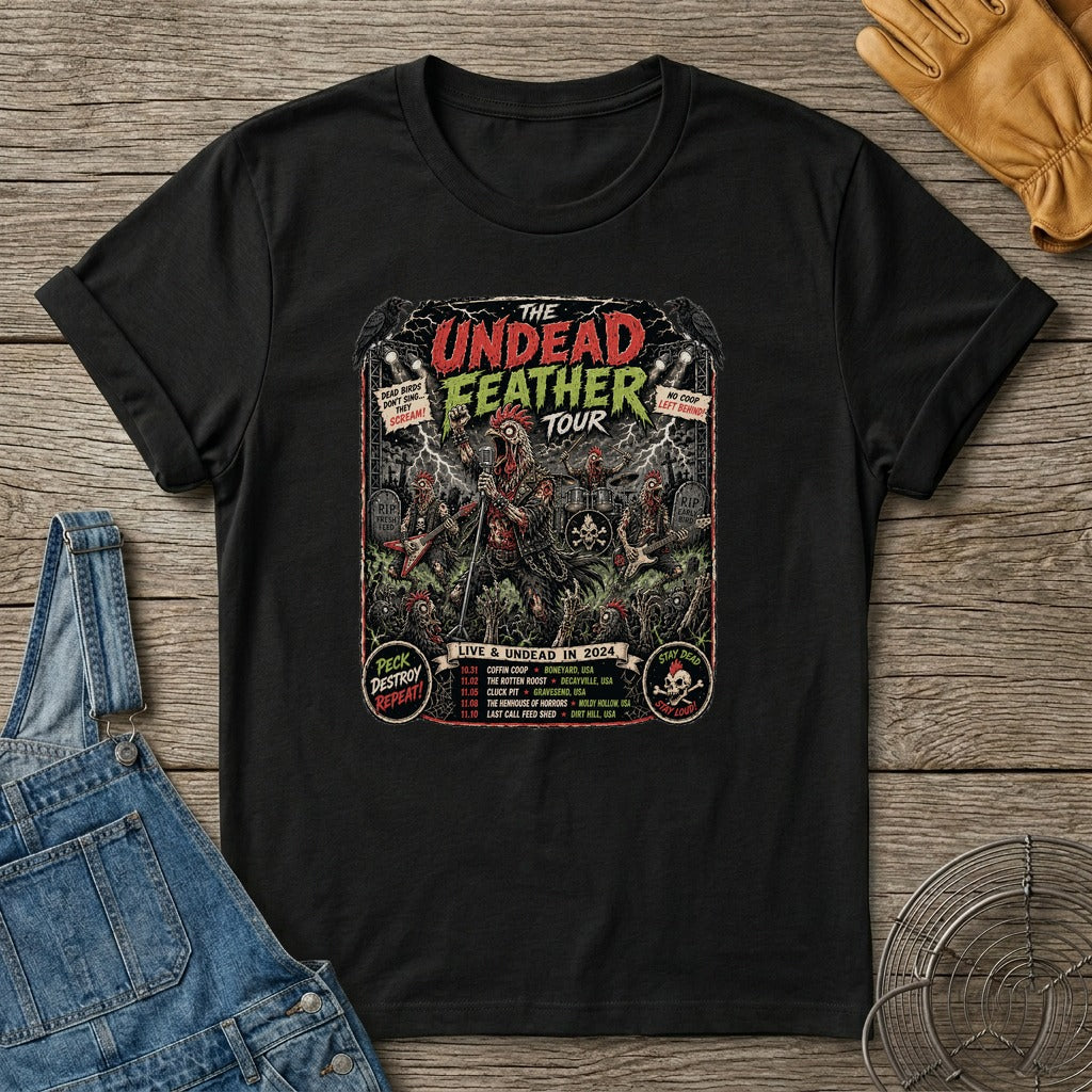Undead Feather Tour Zombie Chicken T-shirt by FeatherPunk