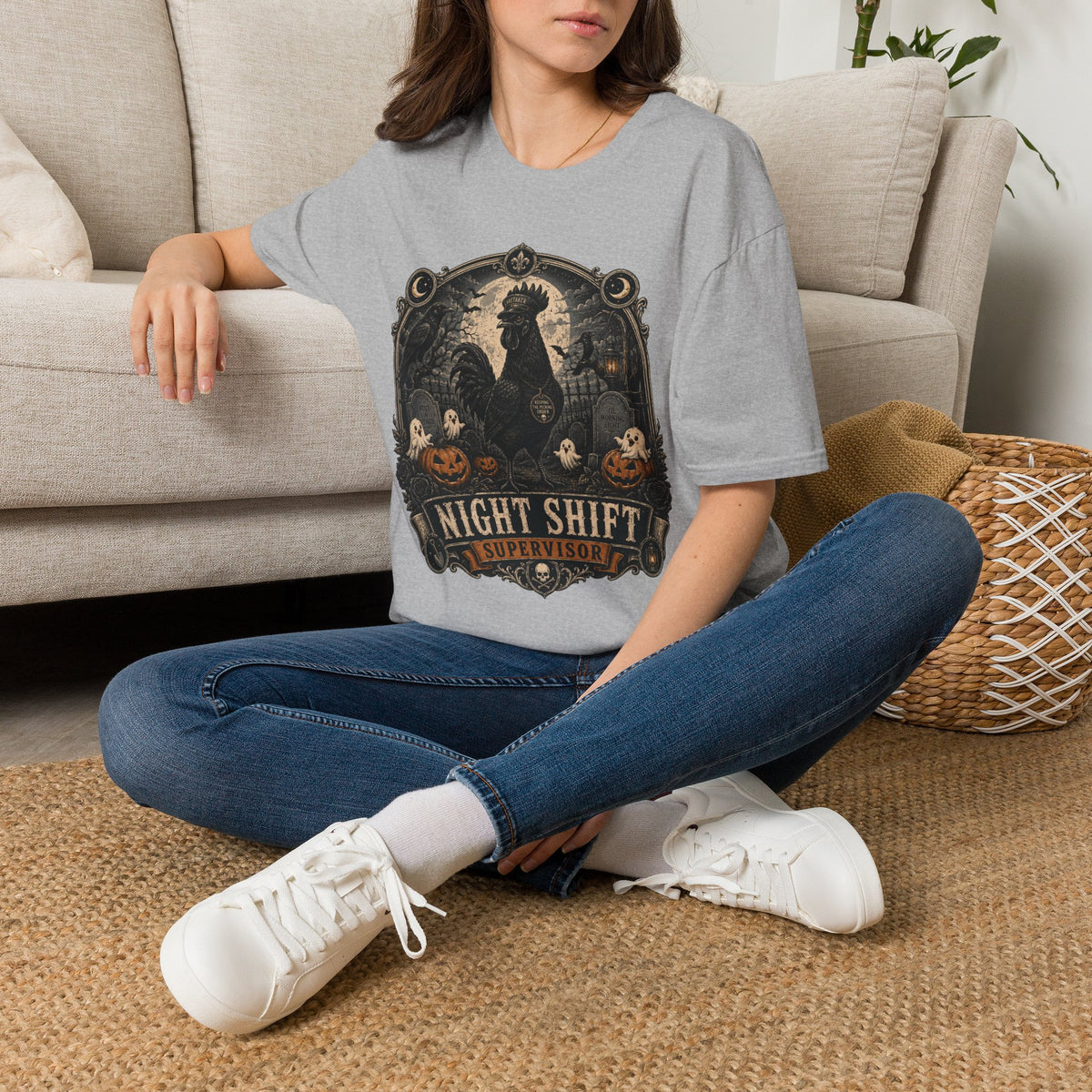 Night Shift Supervisor Ayam Cemani T-Shirt — Caretaker Rooster Graphic Tee