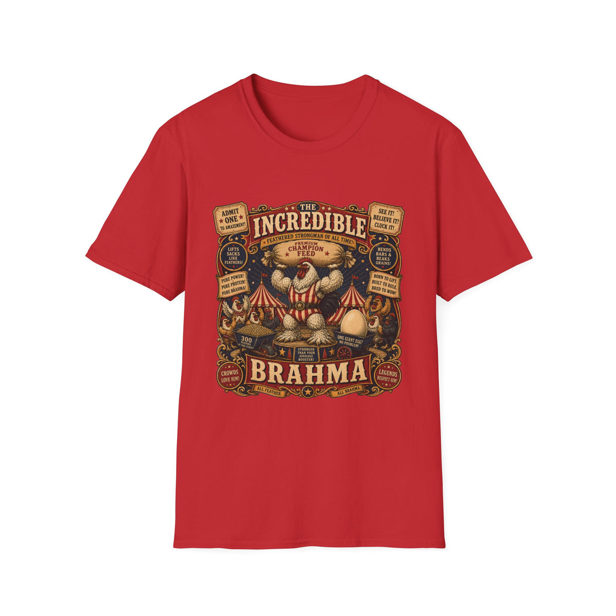 Incredible Feathered Strongman Brahma T-Shirt — Circus Poster Rooster Tee
