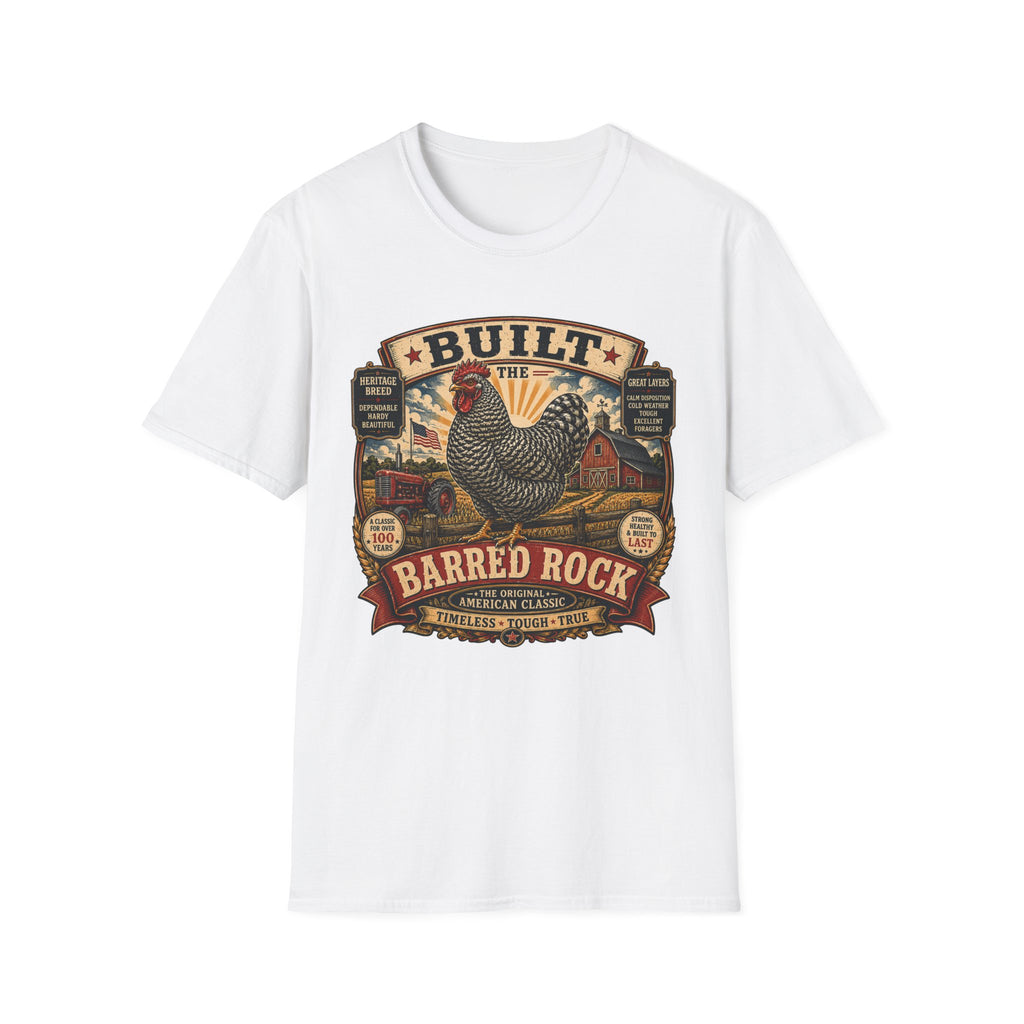 Barred Rock Rooster T-Shirt — "Built the Old Fashioned Way" Farm Vintage Tee