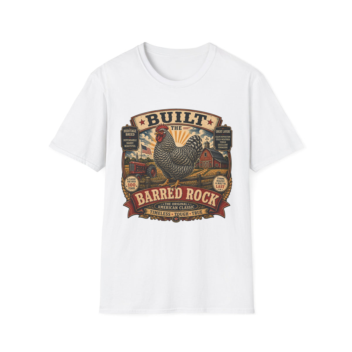 Barred Rock Rooster T-Shirt — "Built the Old Fashioned Way" Farm Vintage Tee