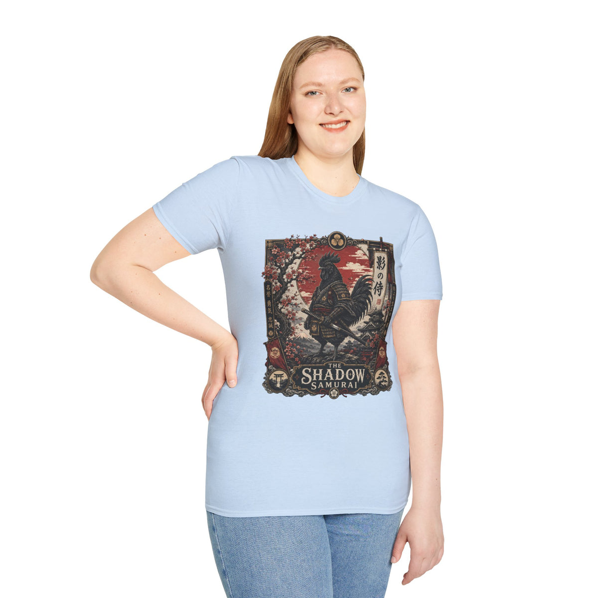 Shadow Samurai Ayam Cemani T-Shirt — Sunset Blossom Warrior Rooster Tee