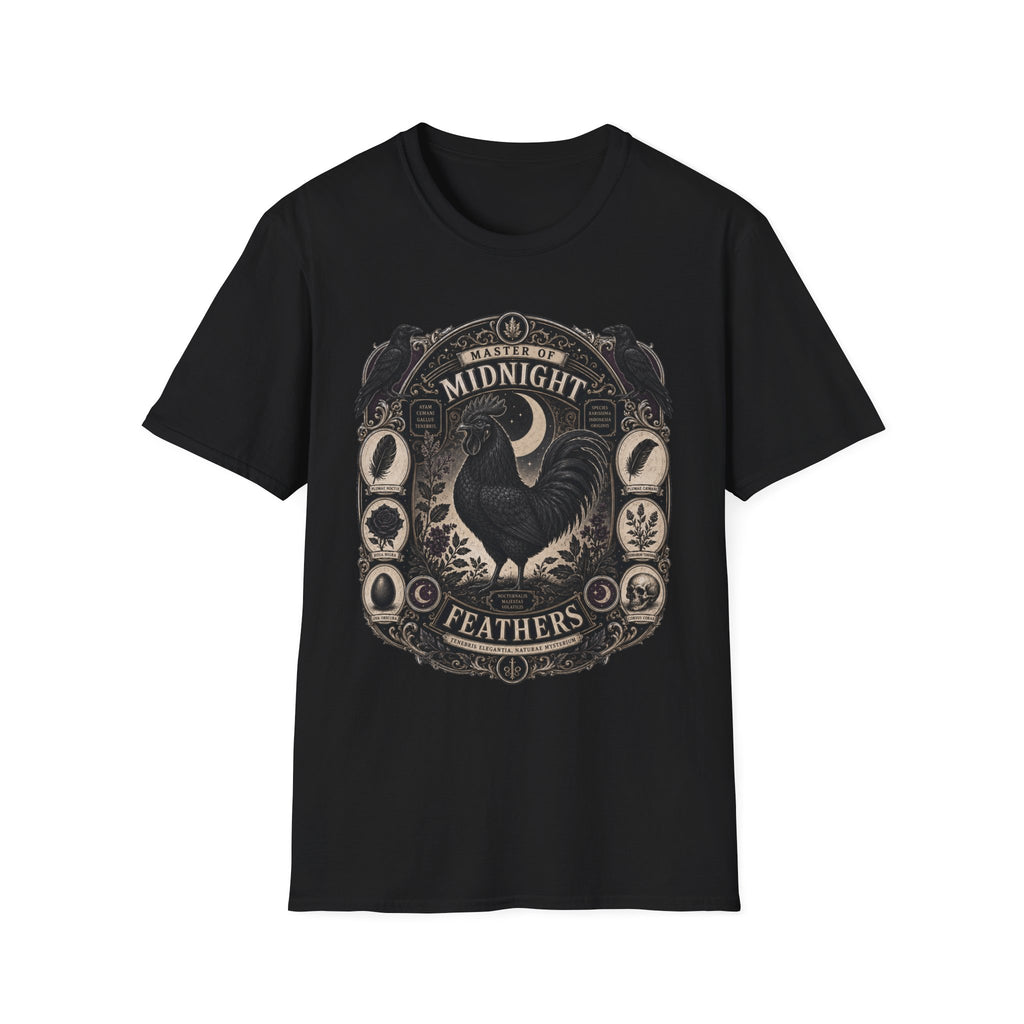 Master of Midnight Feathers Ayam Cemani T-Shirt — Gothic Rooster Graphic Tee