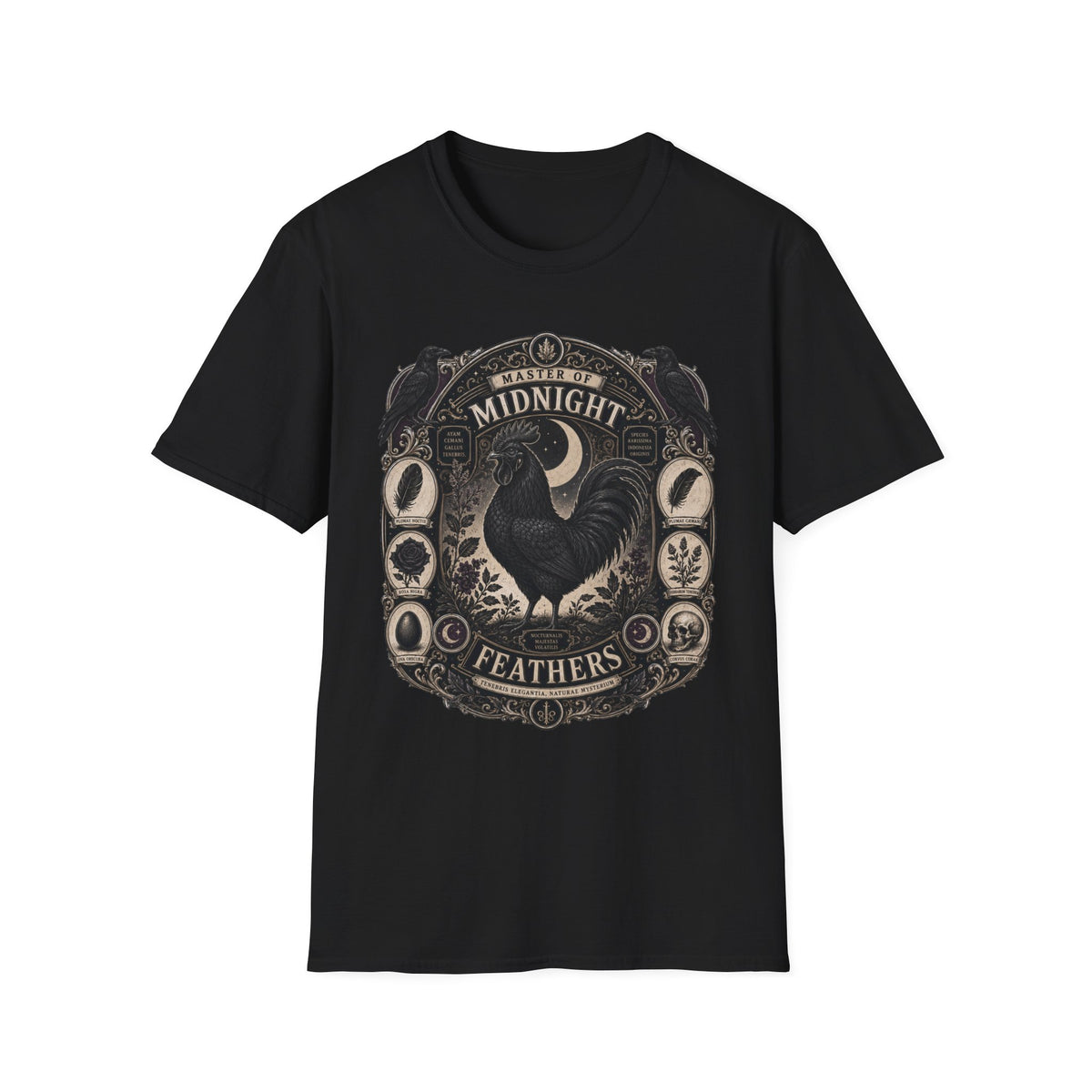 Master of Midnight Feathers Ayam Cemani T-Shirt — Gothic Rooster Graphic Tee