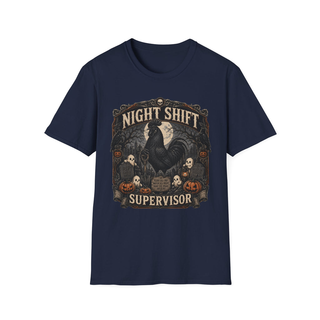 Night Shift Supervisor Ayam Cemani T-Shirt — Graveyard Rooster Graphic Tee