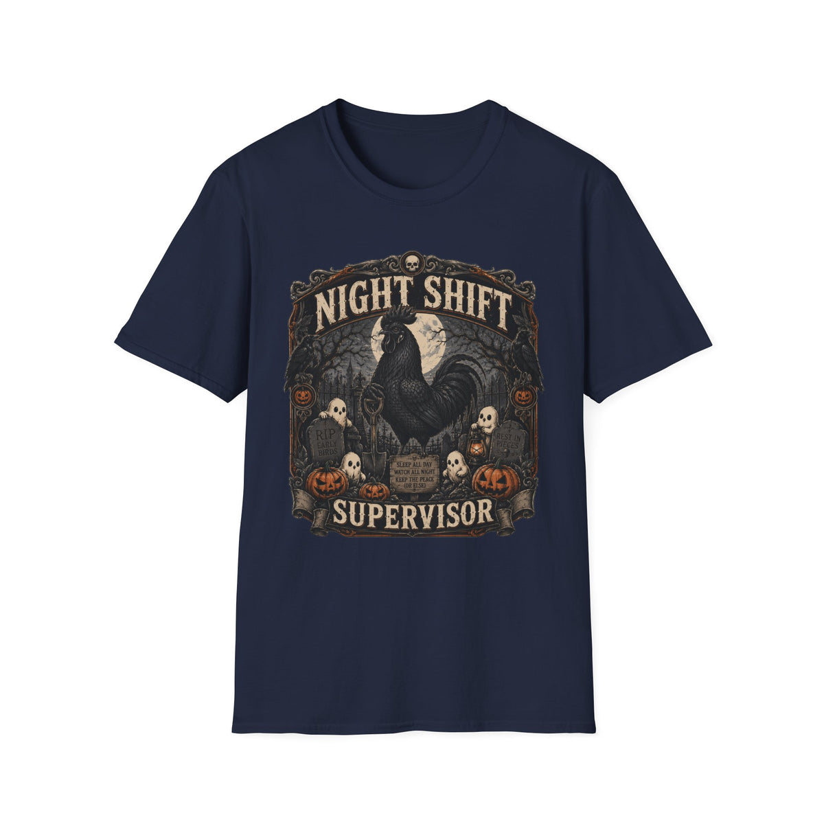 Night Shift Supervisor Ayam Cemani T-Shirt — Graveyard Rooster Graphic Tee