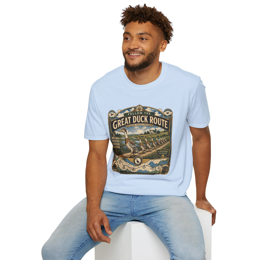 Follow the Great Duck Route T-Shirt — All Who Waddle Are Welcome Tee