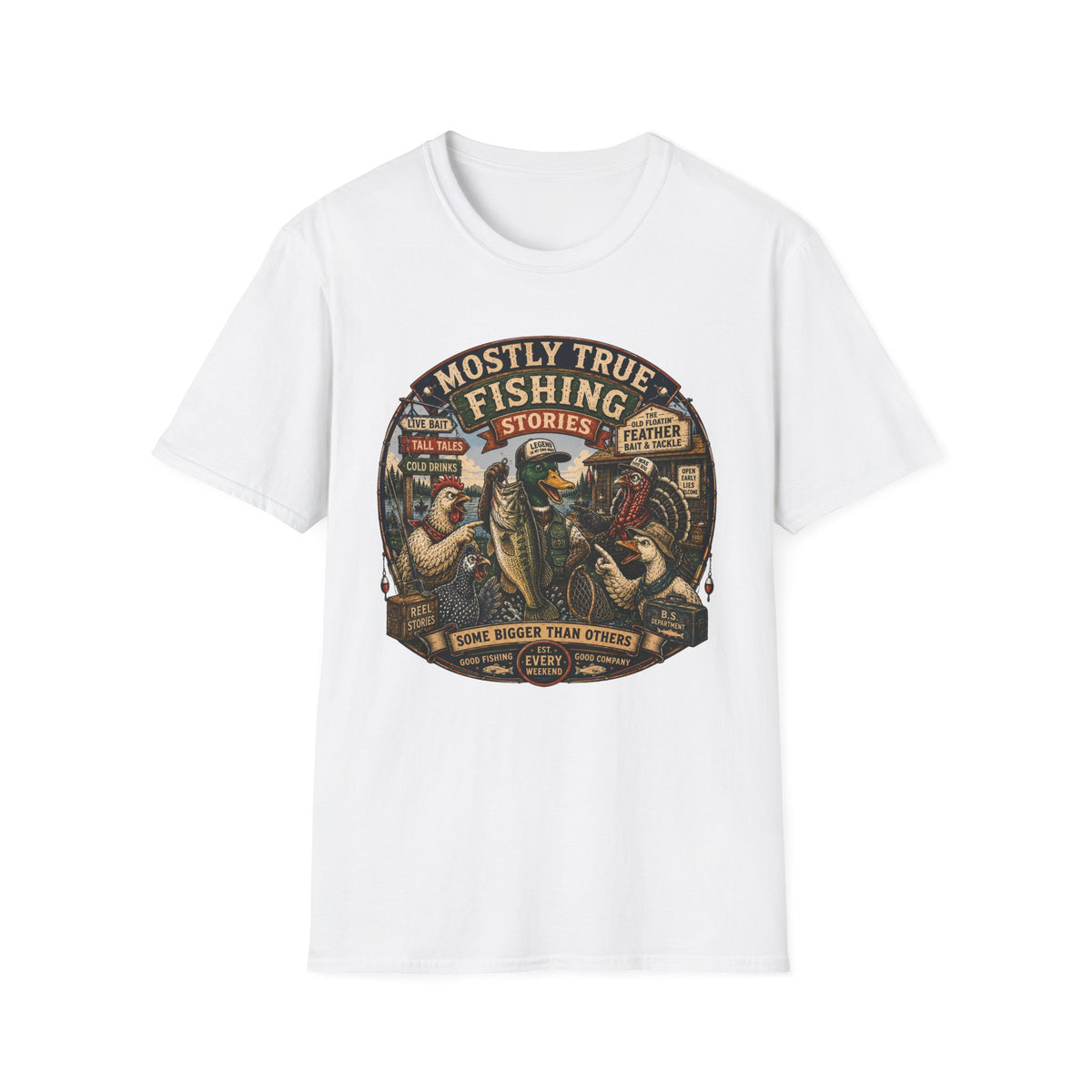 Fishing T-Shirt — "Mostly True Fishing Stories" Vintage Outdoor Tee
