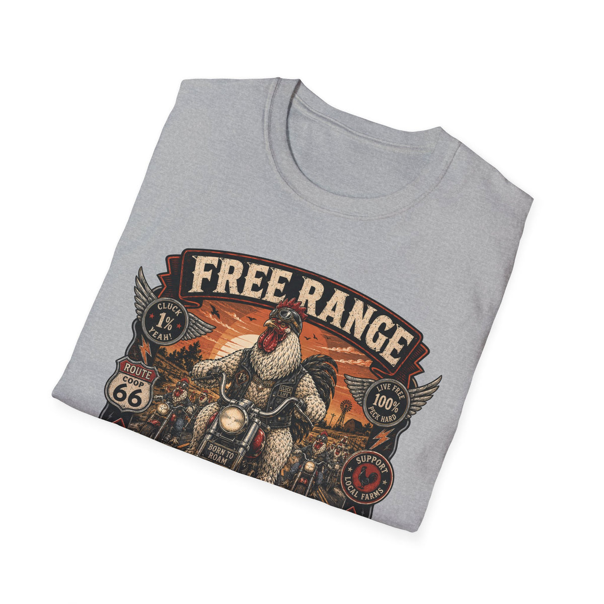Free Range Road Crew Brahma T-Shirt — Biker Rooster Graphic Tee