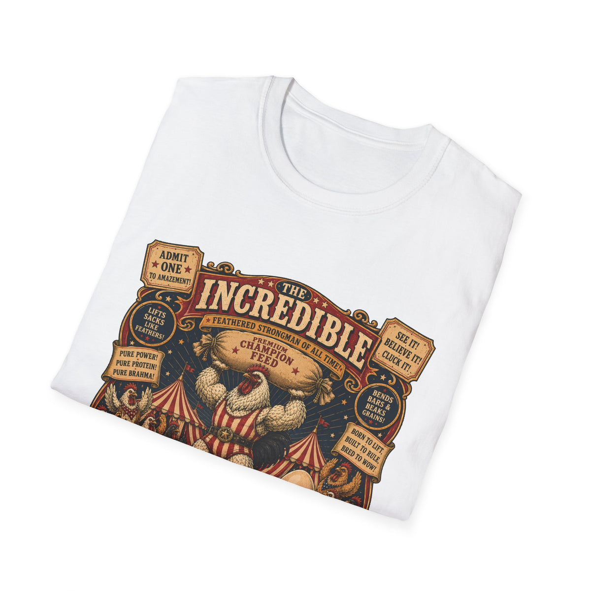 Incredible Feathered Strongman Brahma T-Shirt — Circus Poster Rooster Tee
