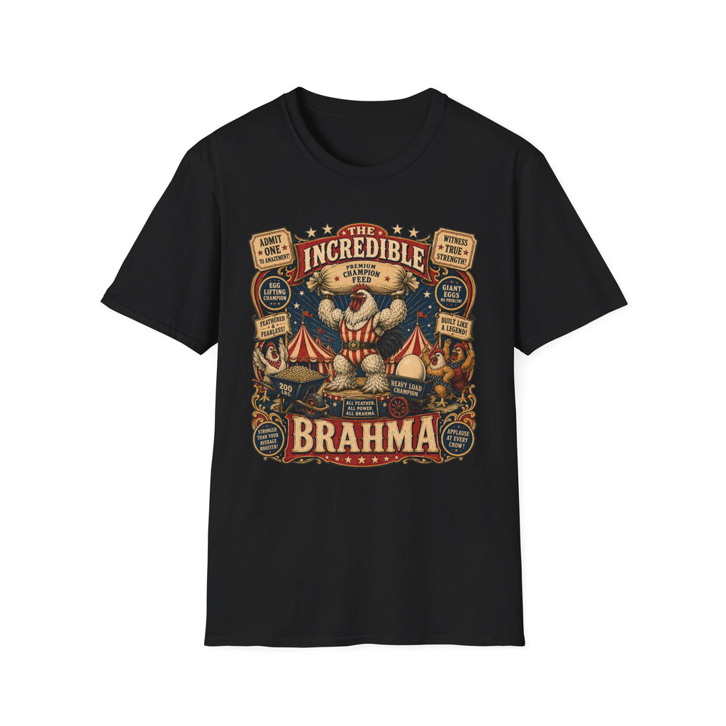 Incredible Feathered Strongman Brahma T-Shirt — Vintage Poster Rooster Tee