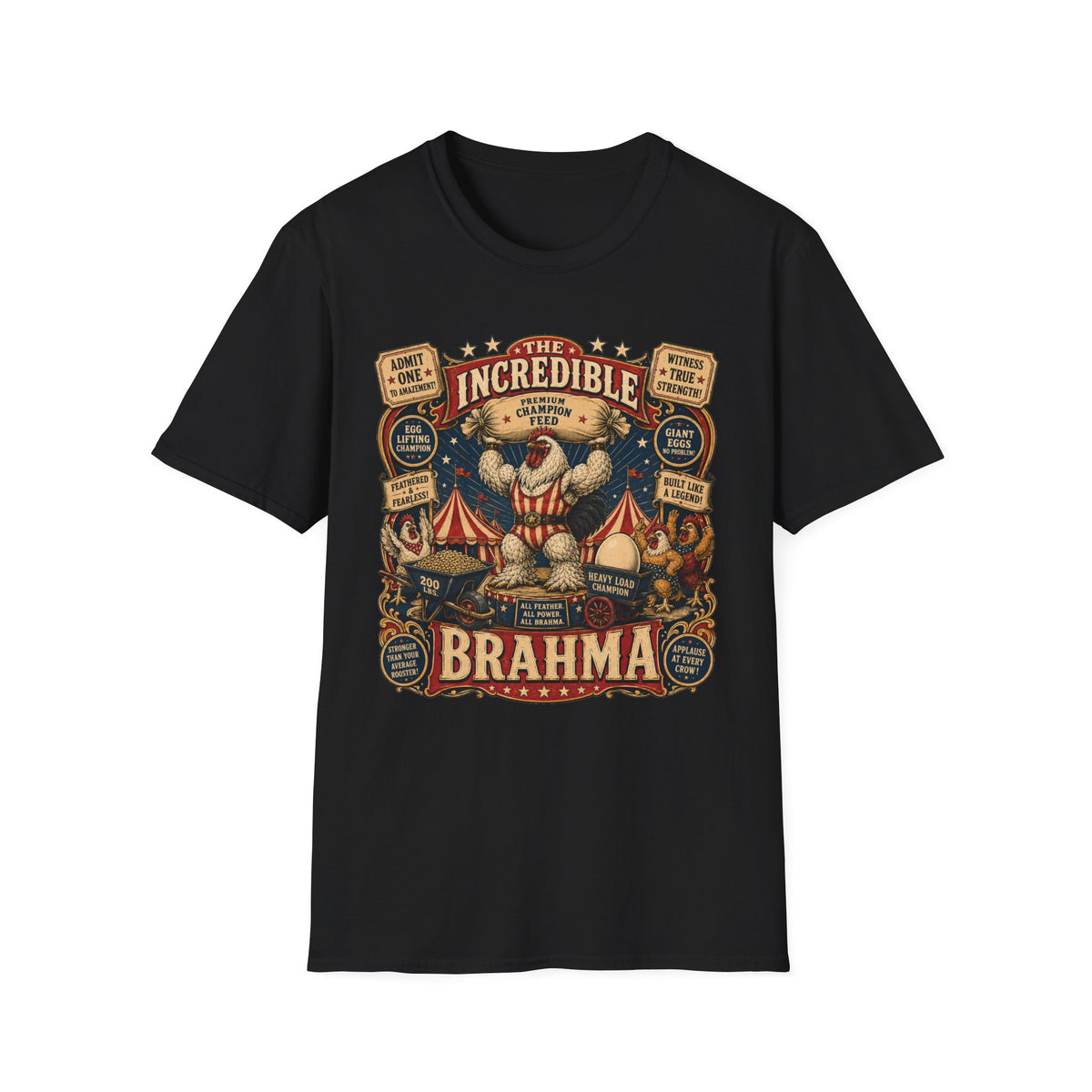 Incredible Feathered Strongman Brahma T-Shirt — Vintage Poster Rooster Tee