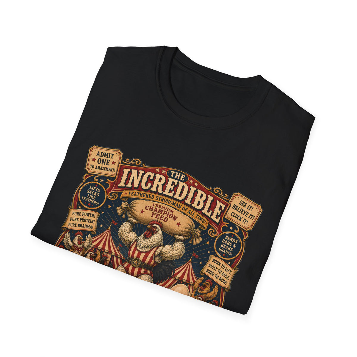 Incredible Feathered Strongman Brahma T-Shirt — Circus Poster Rooster Tee