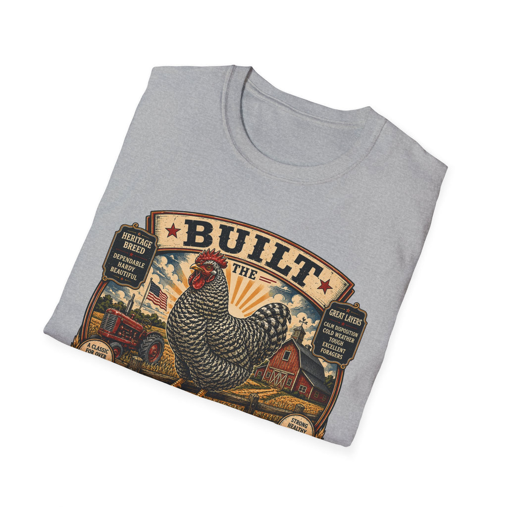 Barred Rock Rooster T-Shirt — "Built the Old Fashioned Way" Farm Vintage Tee